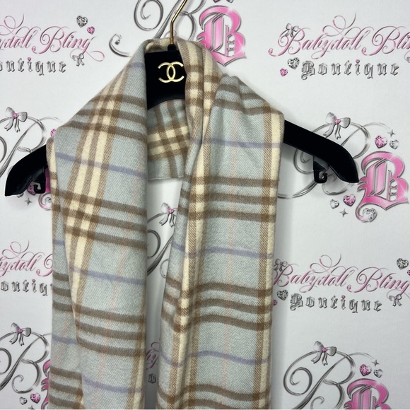Burberry scarf blue nova check print cream beige pink blue soft 100% cashmere - Picture 5 of 13